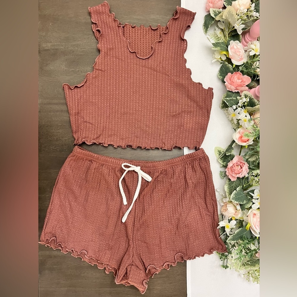 Lettuce Trim Waffle Knit Tank Top and Shorts Pajama Set Sz XL - 12